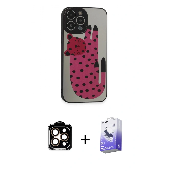 MARSİLYAN™- iPhone 14 Pro Max Kılıf Odak Klasik Serisi - Siyah Bilvis 5in1 5D Magic Hayalet Cam Ekran Koruyucu + PVD Metal Kamera Lens - TU