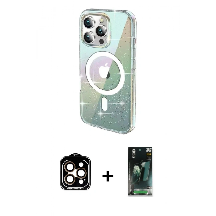 MARSİLYAN™- iPhone 14 Pro Max Kılıf Odak Modern Serisi - Şeffaf 360 Full Body Arka Koruyucu + PVD Metal Kamera Lens - TU