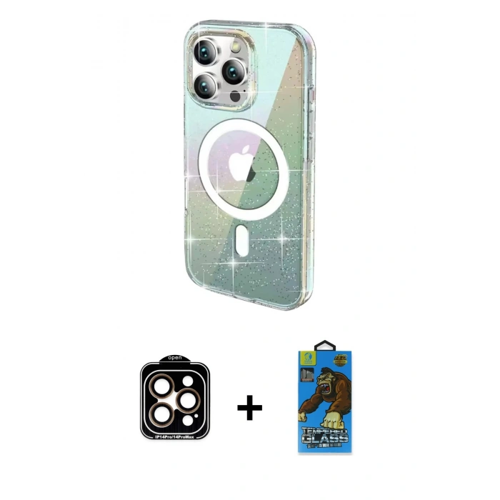 MARSİLYAN™- iPhone 14 Pro Max Kılıf Odak Modern Serisi - Siyah 18D Cam Ekran Koruyucu + Turuncu PVD Metal Kamera Lens