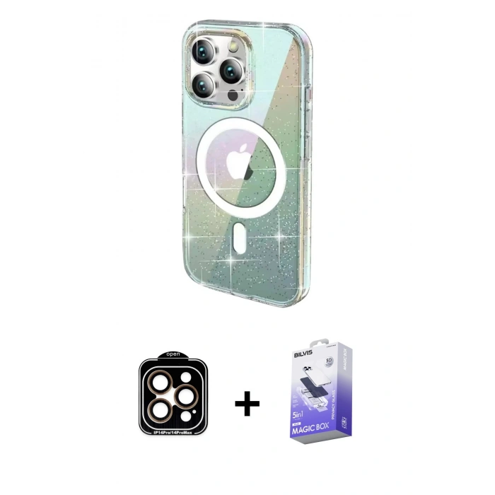 MARSİLYAN™- iPhone 14 Pro Max Kılıf Odak Modern Serisi - Siyah Bilvis 5in1 5D Magic Hayalet Cam Ekran Koruyucu + Turuncu PVD Metal Kamera Lens