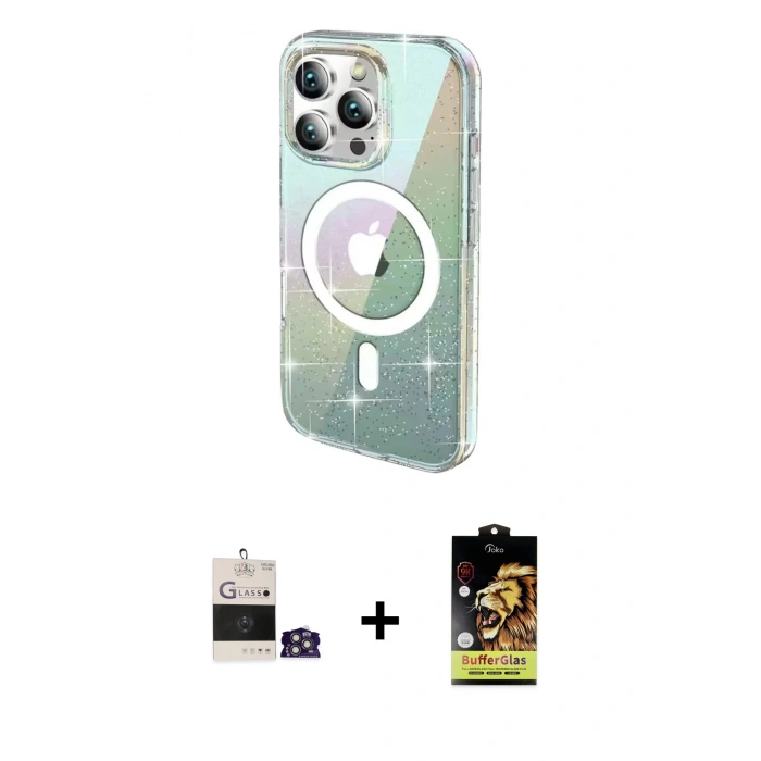 MARSİLYAN™- iPhone 14 Pro Max Kılıf Odak Modern Serisi - Siyah Buffer Cam Ekran Koruyucu + Gümüş Bilvis Titan Kamera Lens