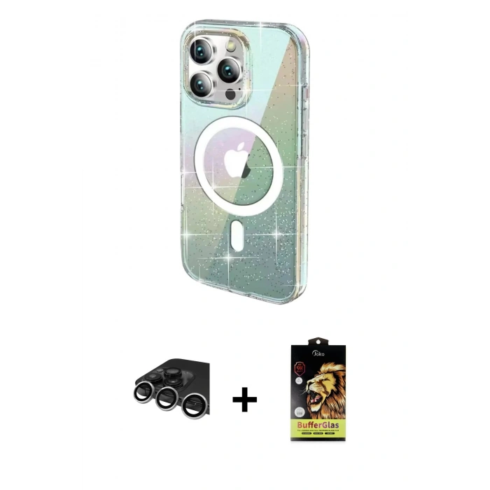 MARSİLYAN™- iPhone 14 Pro Max Kılıf Odak Modern Serisi - Siyah Buffer Cam Ekran Koruyucu + Raze Metal Kamera Lens - GS
