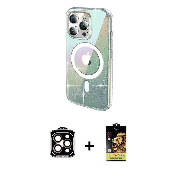 MARSİLYAN™- iPhone 14 Pro Max Kılıf Odak Modern Serisi - Siyah Buffer Cam Ekran Koruyucu + PVD Metal Kamera Lens - TU