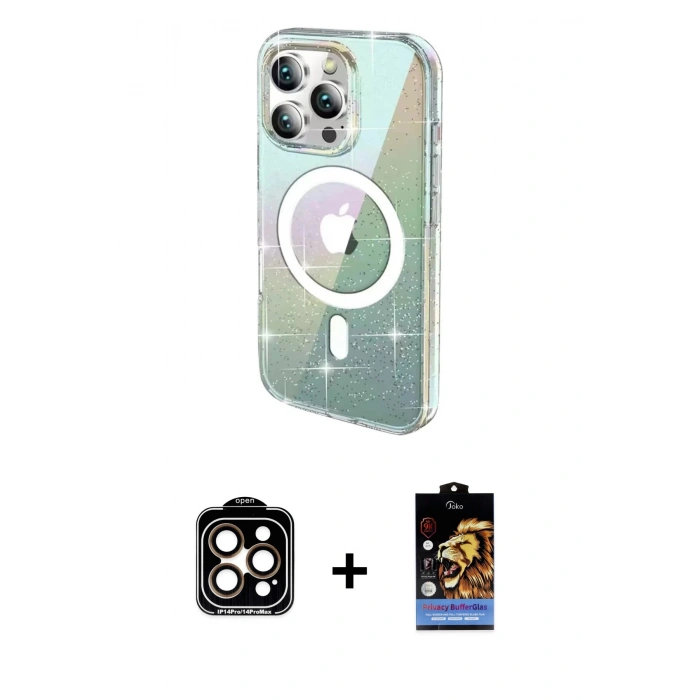 MARSİLYAN™- iPhone 14 Pro Max Kılıf Odak Modern Serisi - Siyah Buffer Hayalet Cam Ekran Koruyucu + PVD Metal Kamera Lens - TU