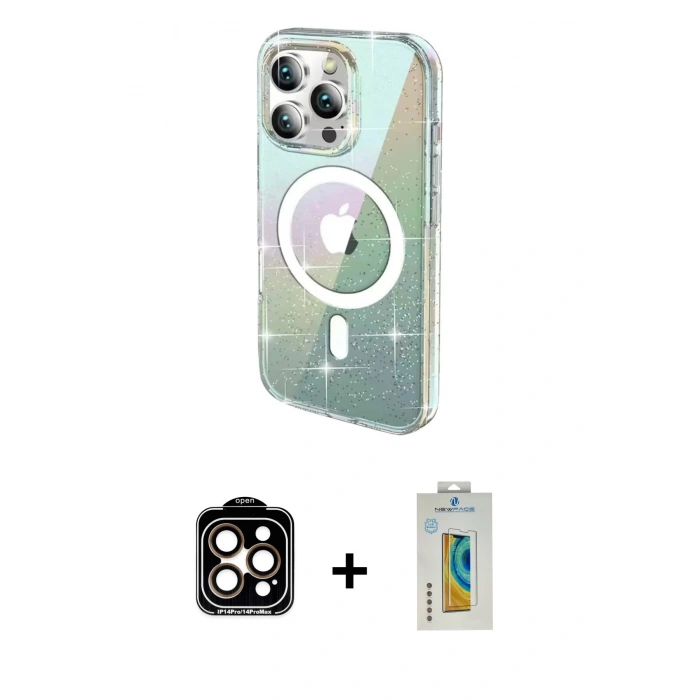 MARSİLYAN™- iPhone 14 Pro Max Kılıf Odak Modern Serisi - Siyah Polymer Nano Ekran Koruyucu + Turuncu PVD Metal Kamera Lens