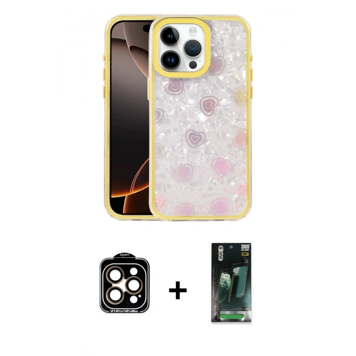 MARSİLYAN™- iPhone 14 Pro Max Kılıf Odak Prime - Şeffaf 360 Full Body Arka Koruyucu + PVD Metal Kamera Lens - TU