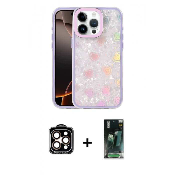 MARSİLYAN™- iPhone 14 Pro Max Kılıf Odak Prime - Şeffaf 360 Full Body Arka Koruyucu + PVD Metal Kamera Lens - TU
