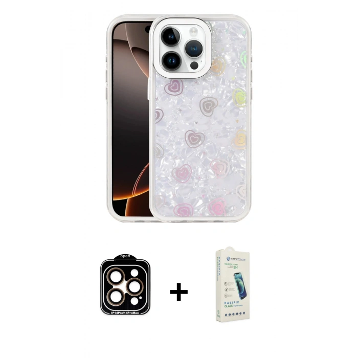 MARSİLYAN™- iPhone 14 Pro Max Kılıf Odak Prime - Şeffaf Pasifik Cam Ekran Koruyucu + PVD Metal Kamera Lens - TU