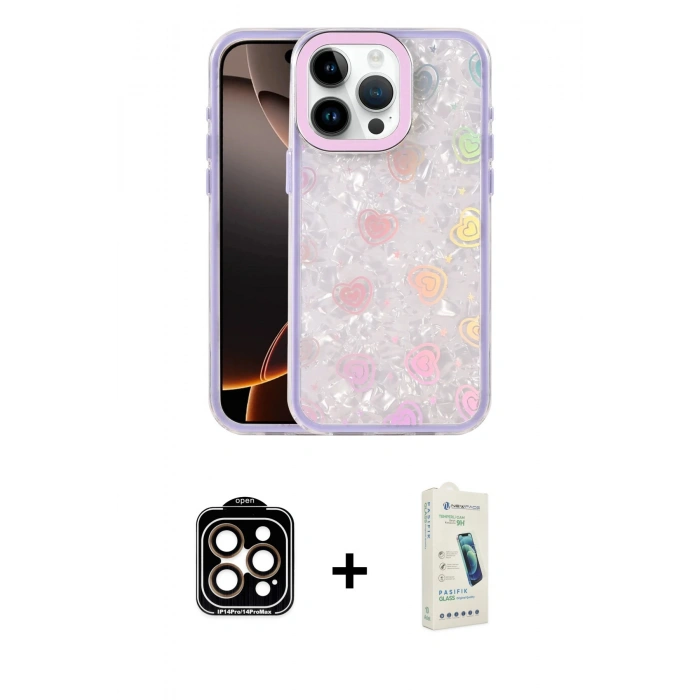 MARSİLYAN™- iPhone 14 Pro Max Kılıf Odak Prime - Şeffaf Pasifik Cam Ekran Koruyucu + PVD Metal Kamera Lens - TU