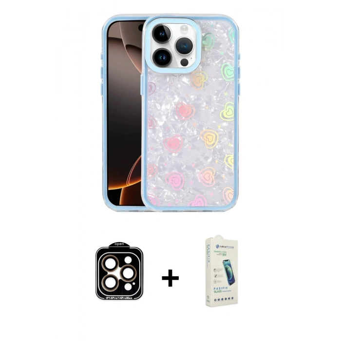 MARSİLYAN™- iPhone 14 Pro Max Kılıf Odak Prime - Şeffaf Pasifik Cam Ekran Koruyucu + PVD Metal Kamera Lens - TU
