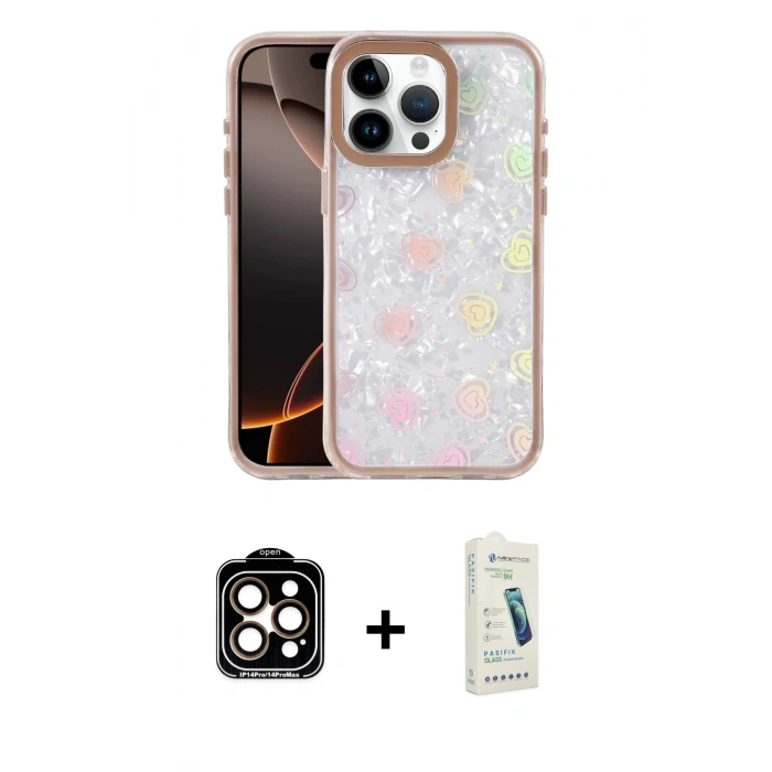 MARSİLYAN™- iPhone 14 Pro Max Kılıf Odak Prime - Şeffaf Pasifik Cam Ekran Koruyucu + PVD Metal Kamera Lens - TU