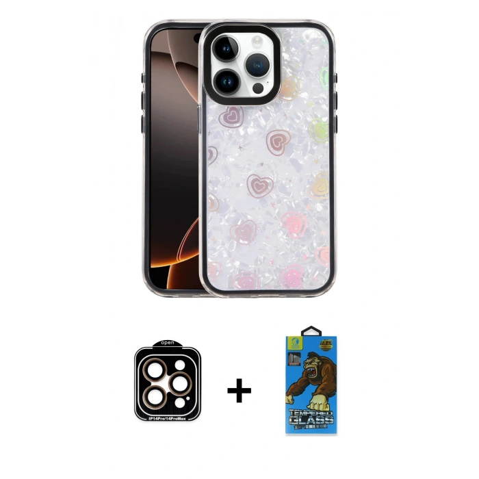 MARSİLYAN™- iPhone 14 Pro Max Kılıf Odak Prime - Siyah 18D Cam Ekran Koruyucu + PVD Metal Kamera Lens - TU