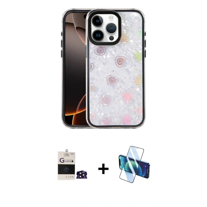 MARSİLYAN™- iPhone 14 Pro Max Kılıf Odak Prime - Siyah 3D Antistatik Cam Ekran Koruyucu + Derin Mor Bilvis Titan Kamera Lens