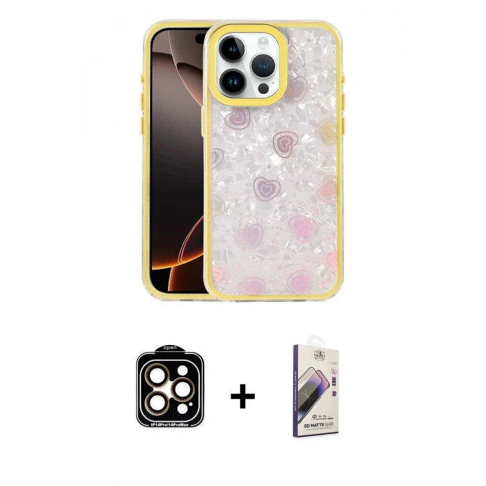 MARSİLYAN™- iPhone 14 Pro Max Kılıf Odak Prime - Siyah Bilvis 3D Mat Cam Ekran Koruyucu + PVD Metal Kamera Lens - TU