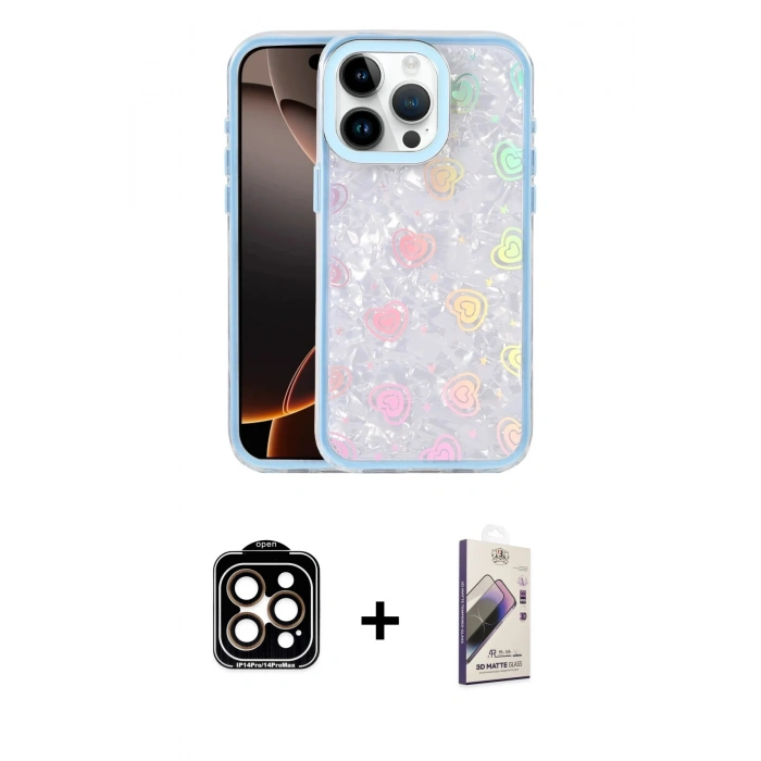 MARSİLYAN™- iPhone 14 Pro Max Kılıf Odak Prime - Siyah Bilvis 3D Mat Cam Ekran Koruyucu + PVD Metal Kamera Lens - TU