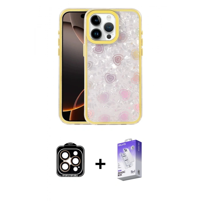 MARSİLYAN™- iPhone 14 Pro Max Kılıf Odak Prime - Siyah Bilvis 5in1 3D Magic Cam Ekran Koruyucu + PVD Metal Kamera Lens - TU