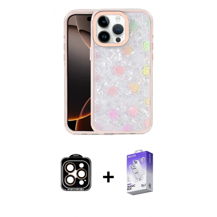 MARSİLYAN™- iPhone 14 Pro Max Kılıf Odak Prime - Siyah Bilvis 5in1 3D Magic Cam Ekran Koruyucu + PVD Metal Kamera Lens - TU