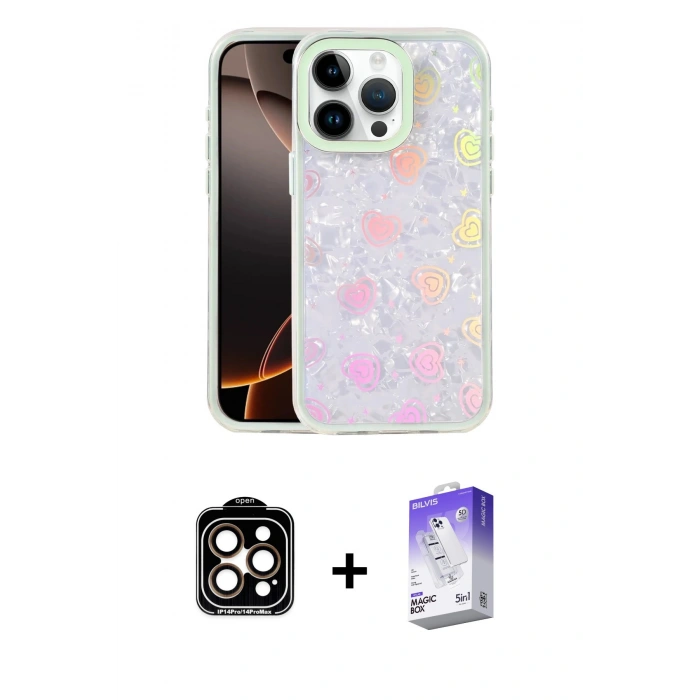 MARSİLYAN™- iPhone 14 Pro Max Kılıf Odak Prime - Siyah Bilvis 5in1 3D Magic Cam Ekran Koruyucu + PVD Metal Kamera Lens - TU