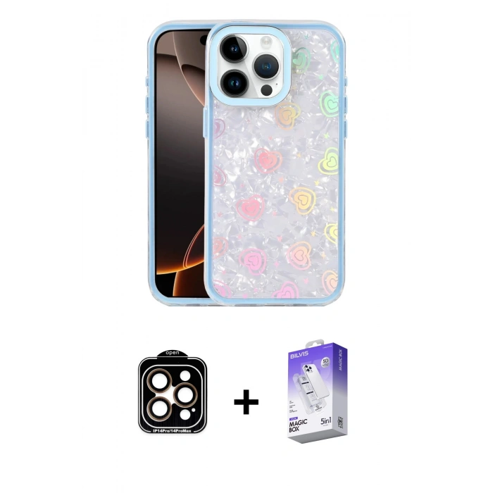 MARSİLYAN™- iPhone 14 Pro Max Kılıf Odak Prime - Siyah Bilvis 5in1 3D Magic Cam Ekran Koruyucu + PVD Metal Kamera Lens - TU