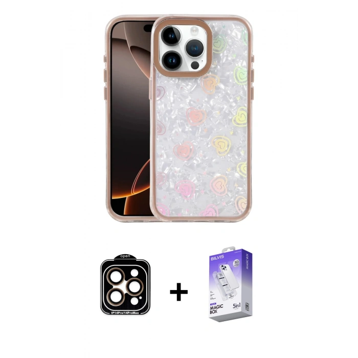 MARSİLYAN™- iPhone 14 Pro Max Kılıf Odak Prime - Siyah Bilvis 5in1 3D Magic Cam Ekran Koruyucu + PVD Metal Kamera Lens - TU