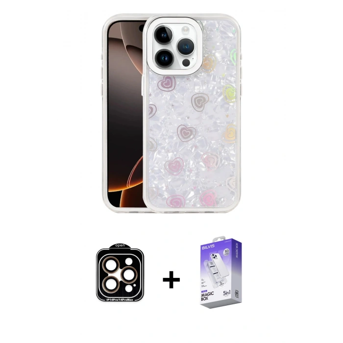 MARSİLYAN™- iPhone 14 Pro Max Kılıf Odak Prime - Siyah Bilvis 5in1 3D Magic Cam Ekran Koruyucu + PVD Metal Kamera Lens - TU