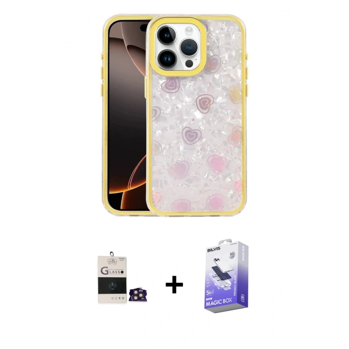 MARSİLYAN™- iPhone 14 Pro Max Kılıf Odak Prime - Siyah Bilvis 5in1 5D Magic Hayalet Cam Ekran Koruyucu + Gold Bilvis Titan Kamera Lens