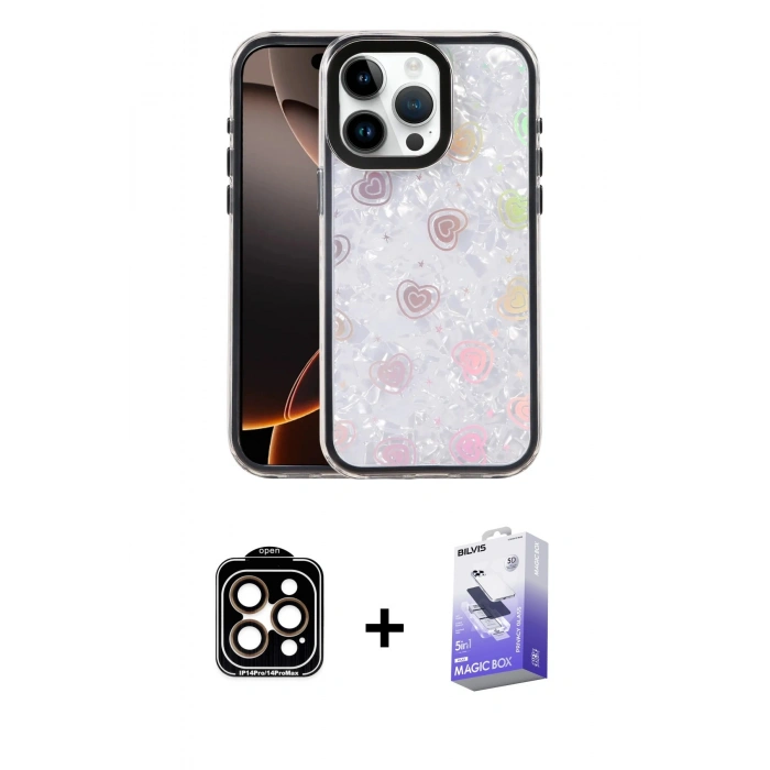 MARSİLYAN™- iPhone 14 Pro Max Kılıf Odak Prime - Siyah Bilvis 5in1 5D Magic Hayalet Cam Ekran Koruyucu + PVD Metal Kamera Lens - TU