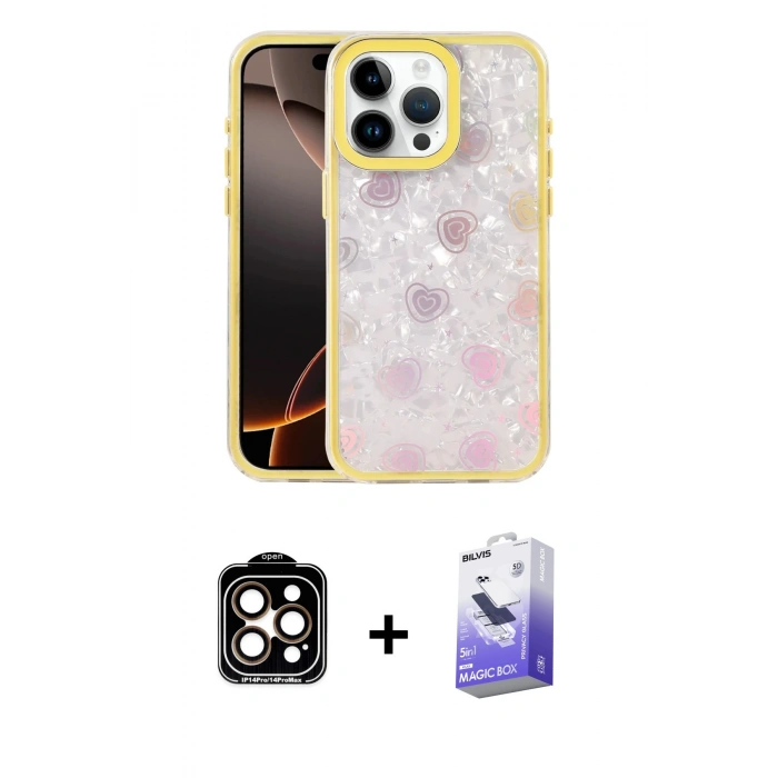 MARSİLYAN™- iPhone 14 Pro Max Kılıf Odak Prime - Siyah Bilvis 5in1 5D Magic Hayalet Cam Ekran Koruyucu + PVD Metal Kamera Lens - TU