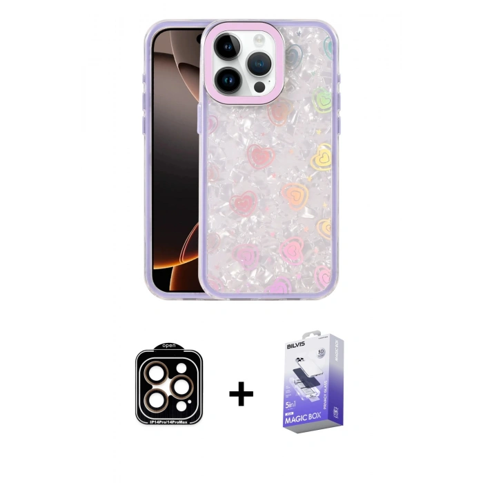 MARSİLYAN™- iPhone 14 Pro Max Kılıf Odak Prime - Siyah Bilvis 5in1 5D Magic Hayalet Cam Ekran Koruyucu + PVD Metal Kamera Lens - TU