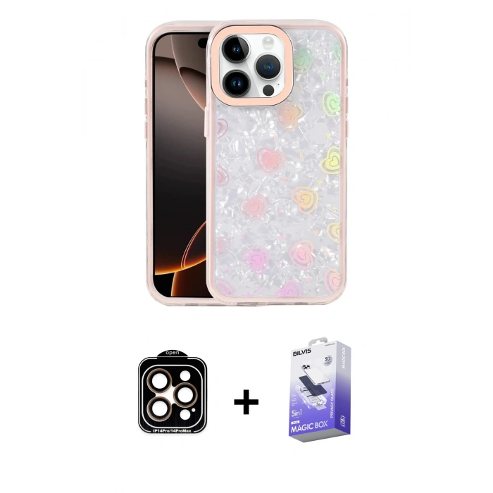 MARSİLYAN™- iPhone 14 Pro Max Kılıf Odak Prime - Siyah Bilvis 5in1 5D Magic Hayalet Cam Ekran Koruyucu + PVD Metal Kamera Lens - TU