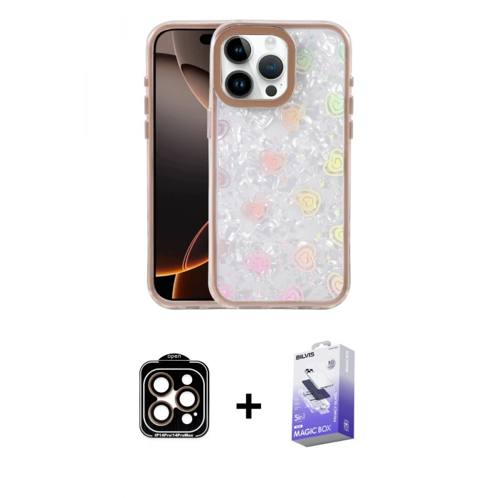 MARSİLYAN™- iPhone 14 Pro Max Kılıf Odak Prime - Siyah Bilvis 5in1 5D Magic Hayalet Cam Ekran Koruyucu + PVD Metal Kamera Lens - TU