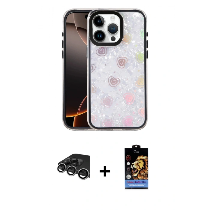 MARSİLYAN™- iPhone 14 Pro Max Kılıf Odak Prime - Siyah Buffer Hayalet Cam Ekran Koruyucu + Gümüş Raze Metal Kamera Lens