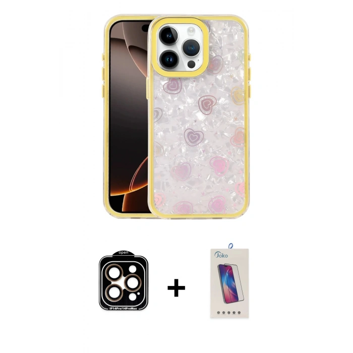 MARSİLYAN™- iPhone 14 Pro Max Kılıf Odak Prime - Siyah Joko 5D Cam + Turuncu PVD Metal Kamera Lens