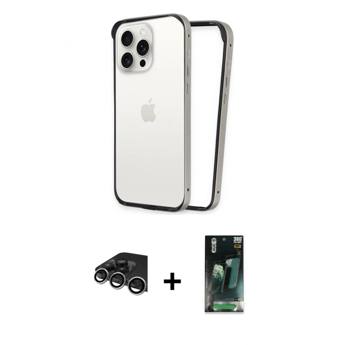 MARSİLYAN™- iPhone 14 Pro Max Kılıf Pusula Asil Koleksiyonu - Şeffaf 360 Full Body Arka Koruyucu + Gümüş Raze Metal Kamera Lens