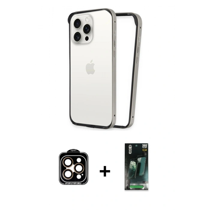 MARSİLYAN™- iPhone 14 Pro Max Kılıf Pusula Asil Koleksiyonu - Şeffaf 360 Full Body Arka Koruyucu + PVD Metal Kamera Lens - TU
