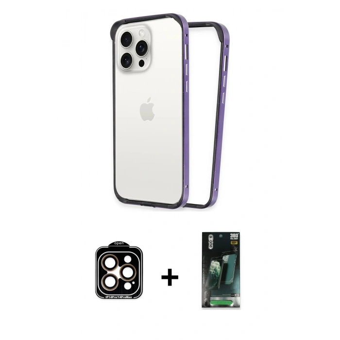 MARSİLYAN™- iPhone 14 Pro Max Kılıf Pusula Asil Koleksiyonu - Şeffaf 360 Full Body Arka Koruyucu + PVD Metal Kamera Lens - TU
