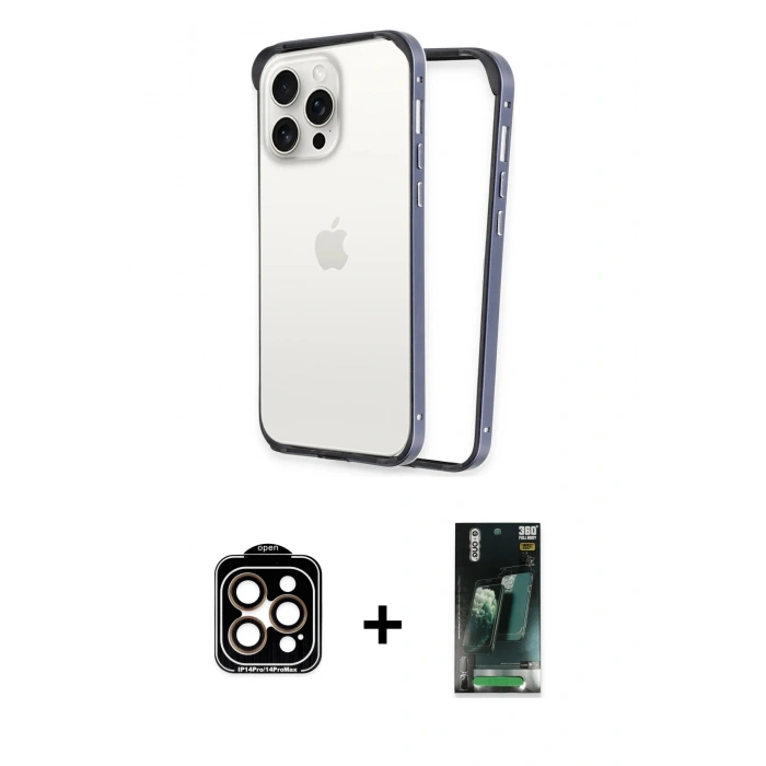 MARSİLYAN™- iPhone 14 Pro Max Kılıf Pusula Asil Koleksiyonu - Şeffaf 360 Full Body Arka Koruyucu + PVD Metal Kamera Lens - TU