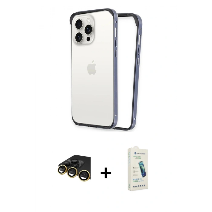 MARSİLYAN™- iPhone 14 Pro Max Kılıf Pusula Asil Koleksiyonu - Şeffaf Pasifik Cam Ekran Koruyucu + Raze Metal Kamera Lens - GD