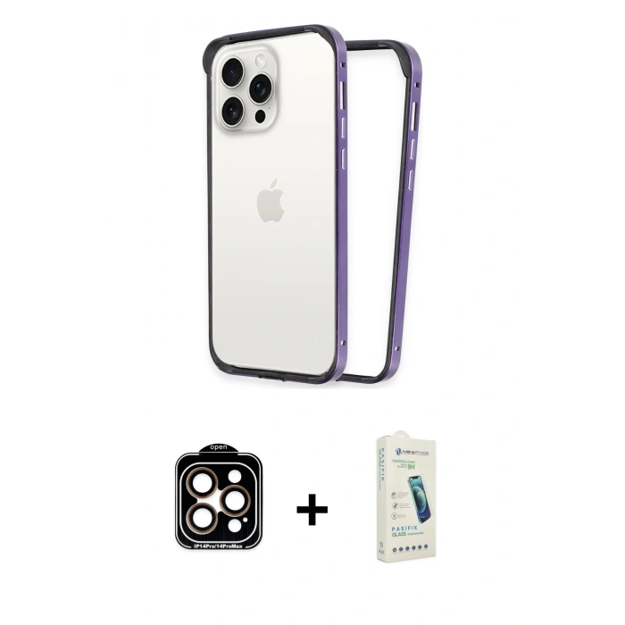 MARSİLYAN™- iPhone 14 Pro Max Kılıf Pusula Asil Koleksiyonu - Şeffaf Pasifik Cam Ekran Koruyucu + Turuncu PVD Metal Kamera Lens