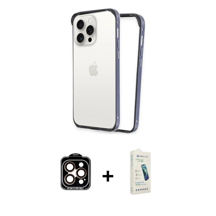MARSİLYAN™- iPhone 14 Pro Max Kılıf Pusula Asil Koleksiyonu - Şeffaf Pasifik Cam Ekran Koruyucu + Turuncu PVD Metal Kamera Lens