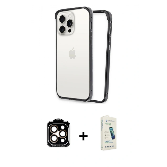 MARSİLYAN™- iPhone 14 Pro Max Kılıf Pusula Asil Koleksiyonu - Şeffaf Pasifik Cam Ekran Koruyucu + Turuncu PVD Metal Kamera Lens