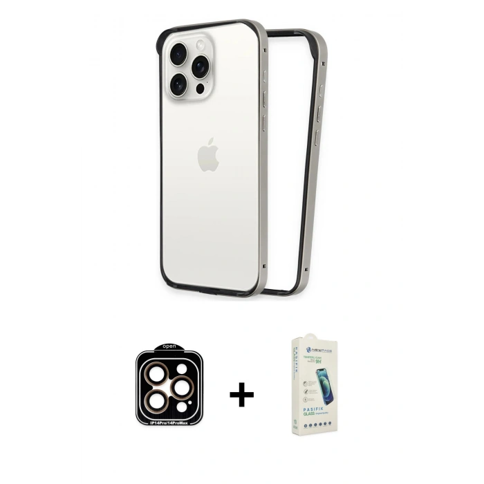 MARSİLYAN™- iPhone 14 Pro Max Kılıf Pusula Asil Koleksiyonu - Şeffaf Pasifik Cam Ekran Koruyucu + Turuncu PVD Metal Kamera Lens