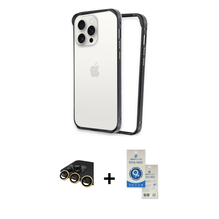 MARSİLYAN™- iPhone 14 Pro Max Kılıf Pusula Asil Koleksiyonu - Şeffaf Royal Nano Ekran Koruyucu + Raze Metal Kamera Lens - GD