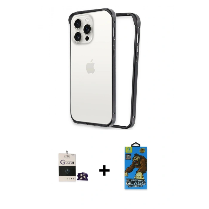 MARSİLYAN™- iPhone 14 Pro Max Kılıf Pusula Asil Koleksiyonu - Siyah 18D Cam Ekran Koruyucu + Bilvis Titan Kamera Lens - GD