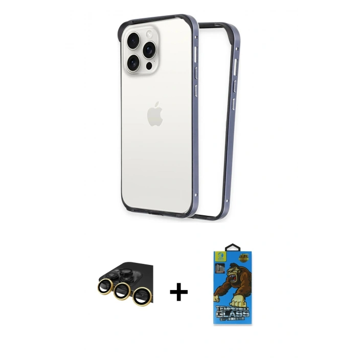 MARSİLYAN™- iPhone 14 Pro Max Kılıf Pusula Asil Koleksiyonu - Siyah 18D Cam Ekran Koruyucu + Raze Metal Kamera Lens - GD