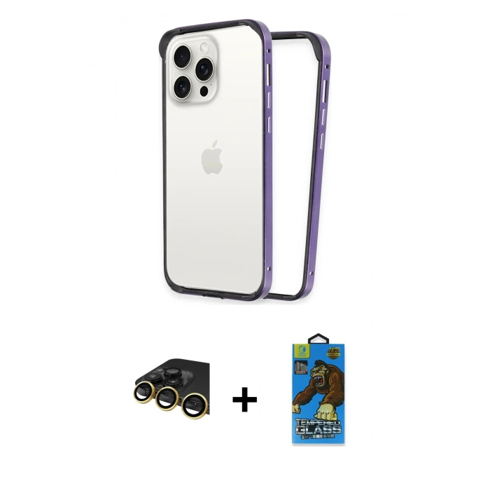 MARSİLYAN™- iPhone 14 Pro Max Kılıf Pusula Asil Koleksiyonu - Siyah 18D Cam Ekran Koruyucu + Raze Metal Kamera Lens - GD