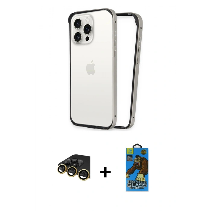 MARSİLYAN™- iPhone 14 Pro Max Kılıf Pusula Asil Koleksiyonu - Siyah 18D Cam Ekran Koruyucu + Raze Metal Kamera Lens - GD