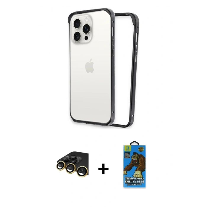 MARSİLYAN™- iPhone 14 Pro Max Kılıf Pusula Asil Koleksiyonu - Siyah 18D Cam Ekran Koruyucu + Raze Metal Kamera Lens - GD