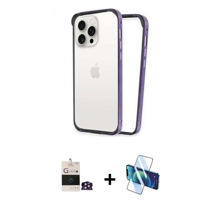 MARSİLYAN™- iPhone 14 Pro Max Kılıf Pusula Asil Koleksiyonu - Siyah 3D Antistatik Cam Ekran Koruyucu + Bilvis Titan Kamera Lens - GD