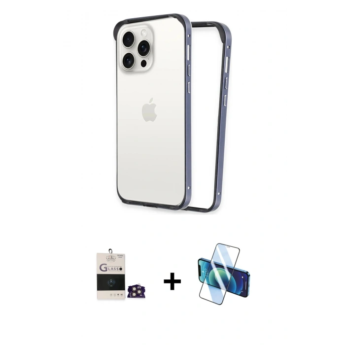 MARSİLYAN™- iPhone 14 Pro Max Kılıf Pusula Asil Koleksiyonu - Siyah 3D Antistatik Cam Ekran Koruyucu + Bilvis Titan Kamera Lens - GD
